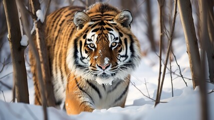 Fototapeta na wymiar The Amur tiger walks through the forest. Dangerous animal, taiga, Russia. A wild cat in its natural habitat. Generative AI