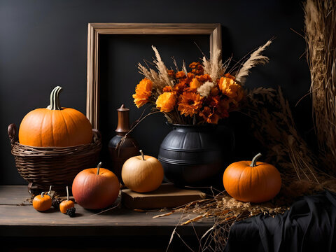 Halloween concept. Autumn still life dark composition. Pumpkin, apples, dry grass bouquet. Empty wooden frame mockup. Generative AI