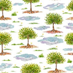 Seamless pattern with trees and clouds for wallpaper, fabric