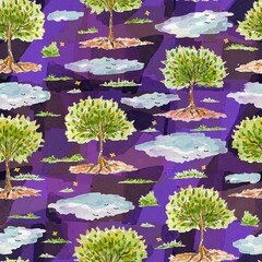 Seamless pattern with trees and clouds for wallpaper, fabric