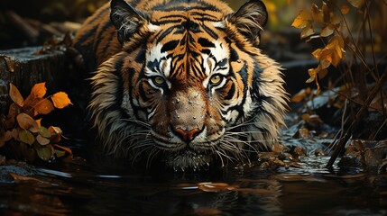 The Amur tiger walks through the forest. Dangerous animal, taiga, Russia. A wild cat in its natural habitat. Generative AI
