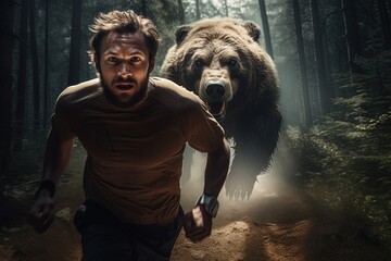 Man running from a bear. - obrazy, fototapety, plakaty