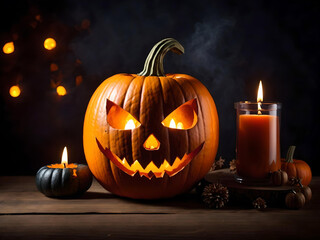 Fototapeta premium Halloween pumpkin head jack lantern with burning candles, Empty copy space, Generative AI