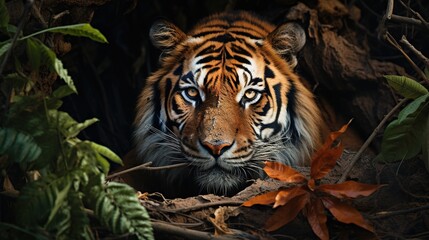 Fototapeta premium The Amur tiger walks through the forest. Dangerous animal, taiga, Russia. A wild cat in its natural habitat. Generative AI