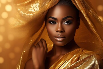 African American woman in gold dress on golden sparkling background.