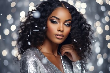 African American woman in silver dress on silver sparkling background.