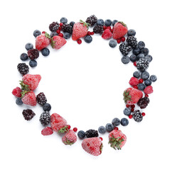 Frame made of frozen berries on white background