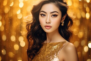Asian woman in gold dress on golden sparkling background.