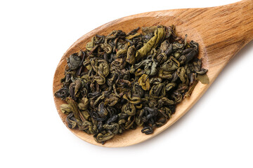 Wooden spoon with dry green tea leaves on white background