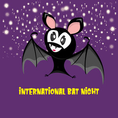 International bat night banner or poster with cartoon bat on violet night sky background. International bat night Vector illustration