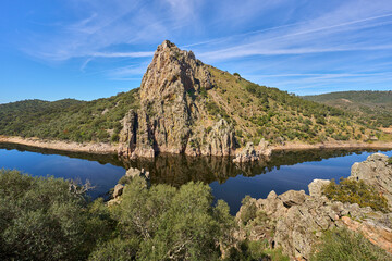 Mountain landscape in the Montfragüe National Park at River Tajo, Extremadura, Spain