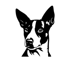 Vector isolated one single Basenji dog head front view black and white bw two colors silhouette. Template for laser engraving or stencil