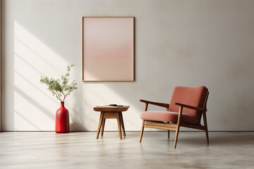 Minimalist living room with a vintage coral armchair and wooden table on a concrete floor, portraying a modern mid century aesthetic.