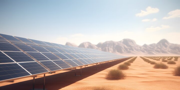 Solar photovoltaic panels installed in desert, hot sunny day, green renewable energy concept