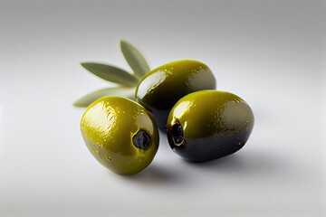 Green olives with leaves on white background. Generative Ai