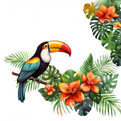 tropical flowers and leaves Beautiful colors and hornbills