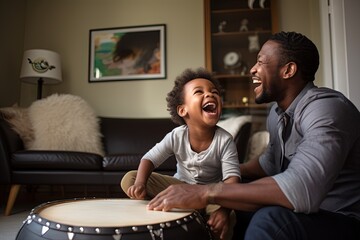 Fototapeta na wymiar Happy black African American father and kids playing at home.