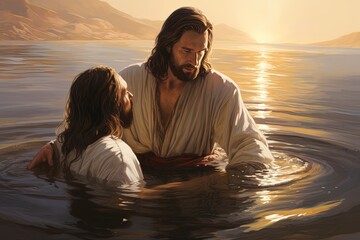 Jesus is baptized by John. - obrazy, fototapety, plakaty
