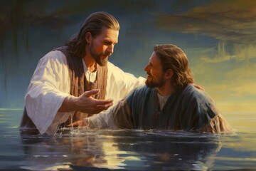 Jesus is baptized by John.