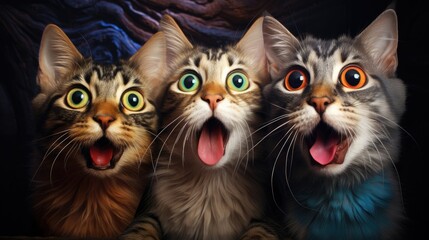 Cats, Open mouth, Surprised, Amazed, Incredulous, Astonished, Shocked, Tongue, Wallpaper. THE WOW CATS! Three little amazed felins with tongues out of the mouth. - obrazy, fototapety, plakaty