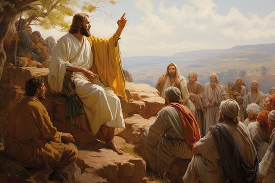 Jesus preaching on the mountain.