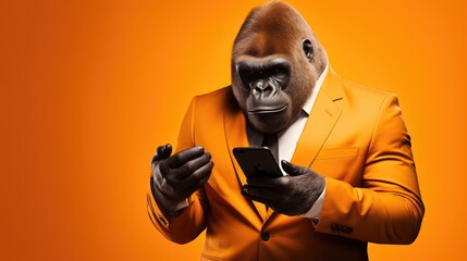 Ironic, Gorilla, Smartphone, Incompetent, Incapable, Unable, Ignorance, Ignorant, Error, Problem. THE EXPERT. Grappling with technological advancement. Tries to figure out where the problem is - obrazy, fototapety, plakaty