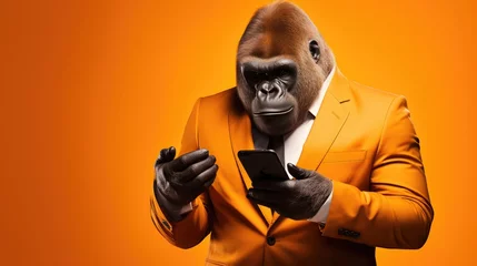 Fotobehang Ironic, Gorilla, Smartphone, Incompetent, Incapable, Unable, Ignorance, Ignorant, Error, Problem. THE EXPERT. Grappling with technological advancement. Tries to figure out where the problem is © Paolo