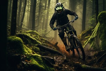 Man practicing mountain biking in the forest.