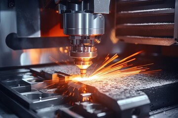 Metalworking CNC milling machine. Cutting metal modern processing technology. - obrazy, fototapety, plakaty