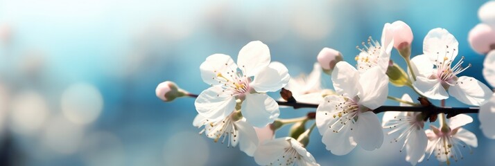 Beautiful cherry tree with tender flowers, Amazing spring blossom at sunrise.