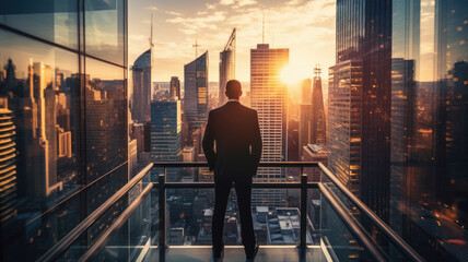 Plakat businessman on office building balcony looking city skyline with skyscrapers