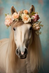Obraz na płótnie Canvas Portrait of horse with flower crown.