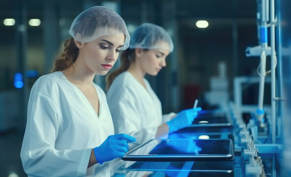 Beautiful scientist worker checking the quality of water bottles on the machine conveyor line at the industrial factory.