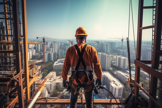 Foreman with all the security equipment standing on a top level of a skyscraper.