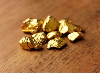 Fototapeta na wymiar Heap of Gold Nuggets on Wooden Surface for Background, Closup of Mineral Pure Gold