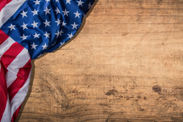 Fototapeta na wymiar President's Day. Banner template design of presidents day concept, flag of United States American and space, Top view USA flag for Memorial day on wood background.
