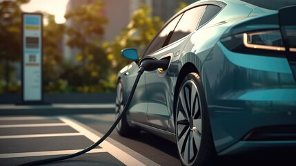 EV charger, EV car, Clean energy, Electric car charging station for charge EV battery, Plug for vehicle with electric engine, Charging point at car parking lot. Future transport technology.
