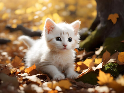 Closeup shot of a cute white cat sitting on the fallen autumn maple leaves, Article about cats and autumn. Yellow fallen leaves. Photos for printed products, Generative AI