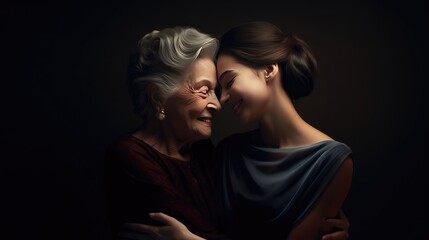 Happy young granddaughter hugging elderly grandmother created with Generative AI technology
