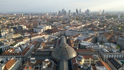 Europe, Italy , Milan - Drone aerial view of Piazza Duomo in city downtown - contrast between...