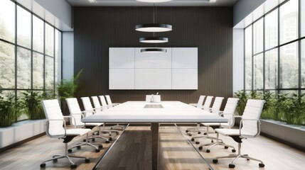New conference room interior with long table and chairs, Concept of discussion and corporate life. - obrazy, fototapety, plakaty