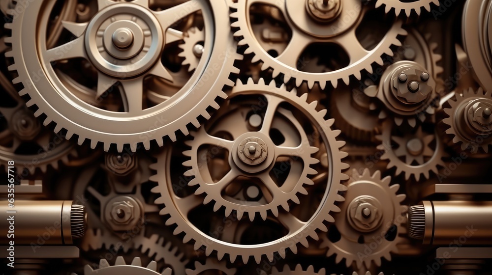 Poster gears meshing together in machinery, background of the gear mechanism.