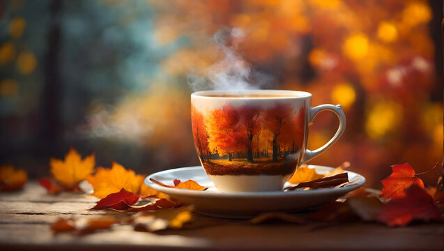 Hot coffee in the garden with a fall background in the autumn season, Seasonal fall, and a beautiful relaxed concept. autumn blurred background with a place for text. AI-generated