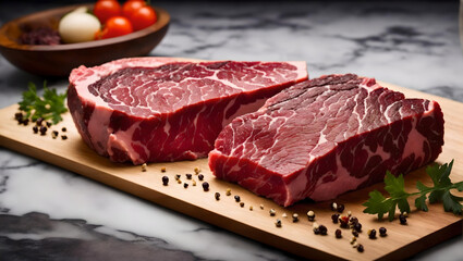 Fototapeta premium The steak is raw. Barbecue Rib Eye Steak or rump steak on a rustic table with rosemary, Generative AI