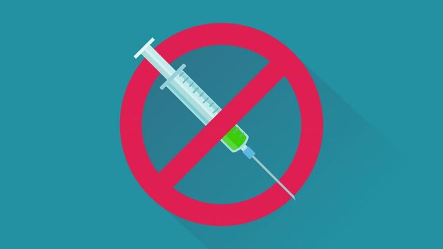 Appearance and disappearance animation of syringe injection ban on blue background, green background, with transparency and on white background with flat design style