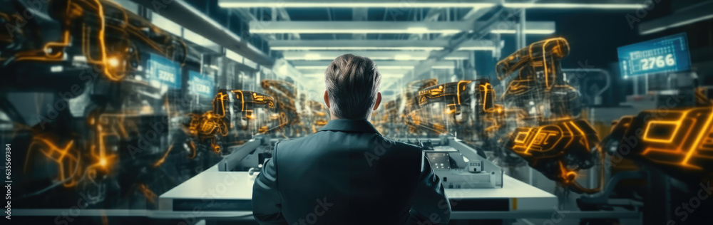 Aufkleber Engineer manager are working with Ai computer virtual with robotic arm of the car production plant.