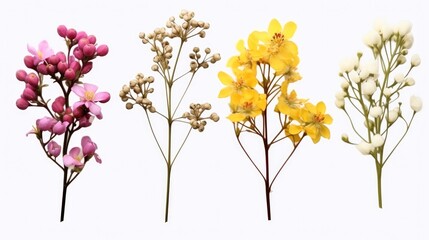 Fototapeta premium Set of small sprigs of yellow flowers of berberis thunbergii, Pink chamelaucium and white gypsophila on white background.
