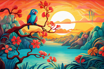 Fototapeta na wymiar Tropical landscape at sunset with peaceful parrot sitting on a twig, kids illustration with bright and bold colors. Digital nursery art, beautiful artistic image for poster, wallpaper, art print.