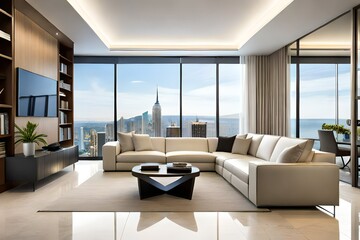 Interior luxuoso da sala de estar com vista panorâmica da cidade.  renderização 3D