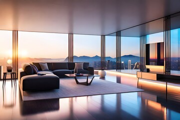 Interior da moderna sala de estar com vista panorâmica da cidade e sofá renderização em 3D - obrazy, fototapety, plakaty